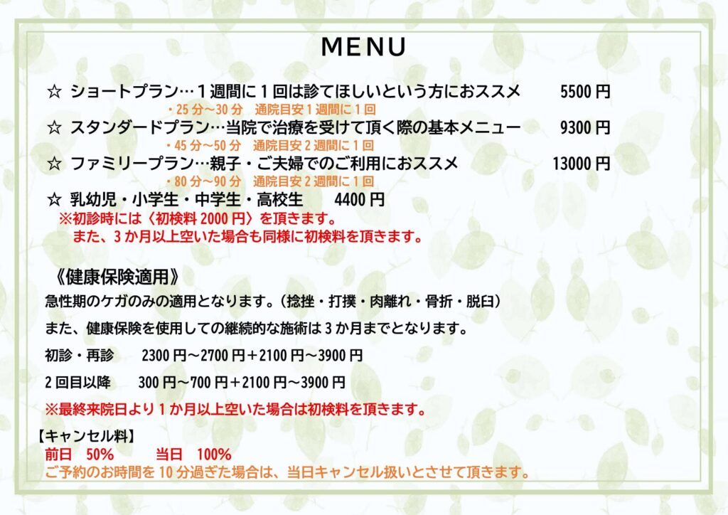 施術メニュー。ショートプラン5500円（通院目安は週1回）スタンダードプラン9300円（通院目安は2週間に1回）ファミリープラン13000円は親子・ご夫婦でご利用いただく際に便利です。